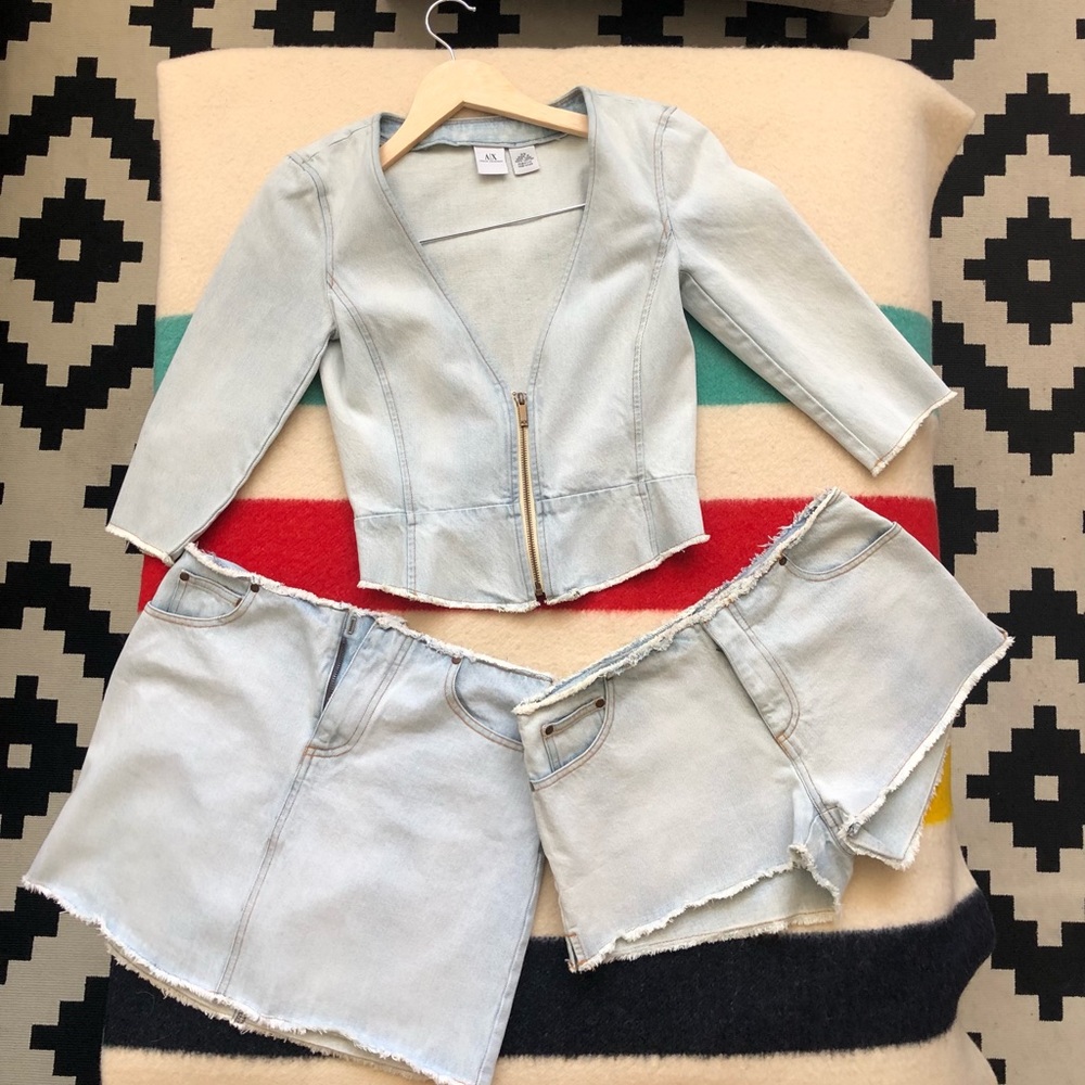 Armani Exchange Light Blue Denim Set, includes Jacket (XS), Skirt (2), Short (4)